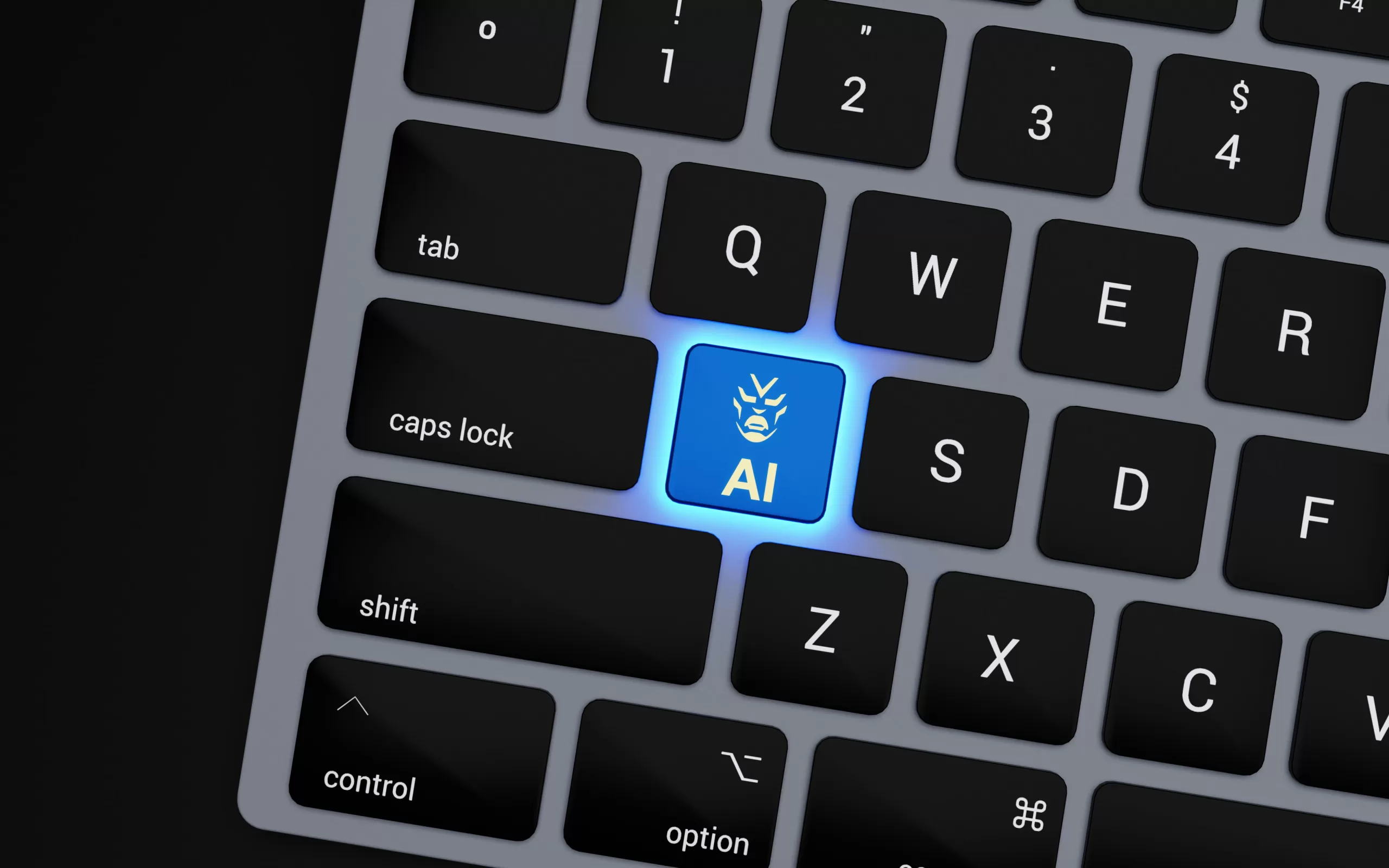 A laptop keyboard with a blue "AI" key. Image for AI in the workplace blog