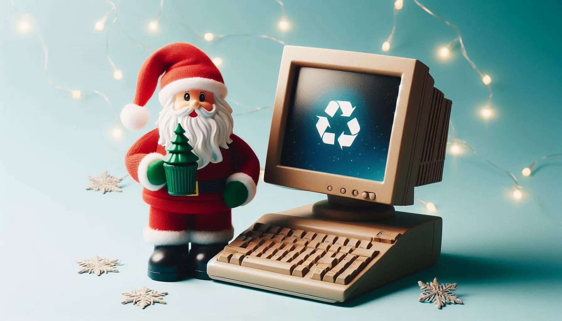 Toy Santa next to toy old-fashioned desktop PC with recycling logo on the screen. for the Recycling IT Equipment blog