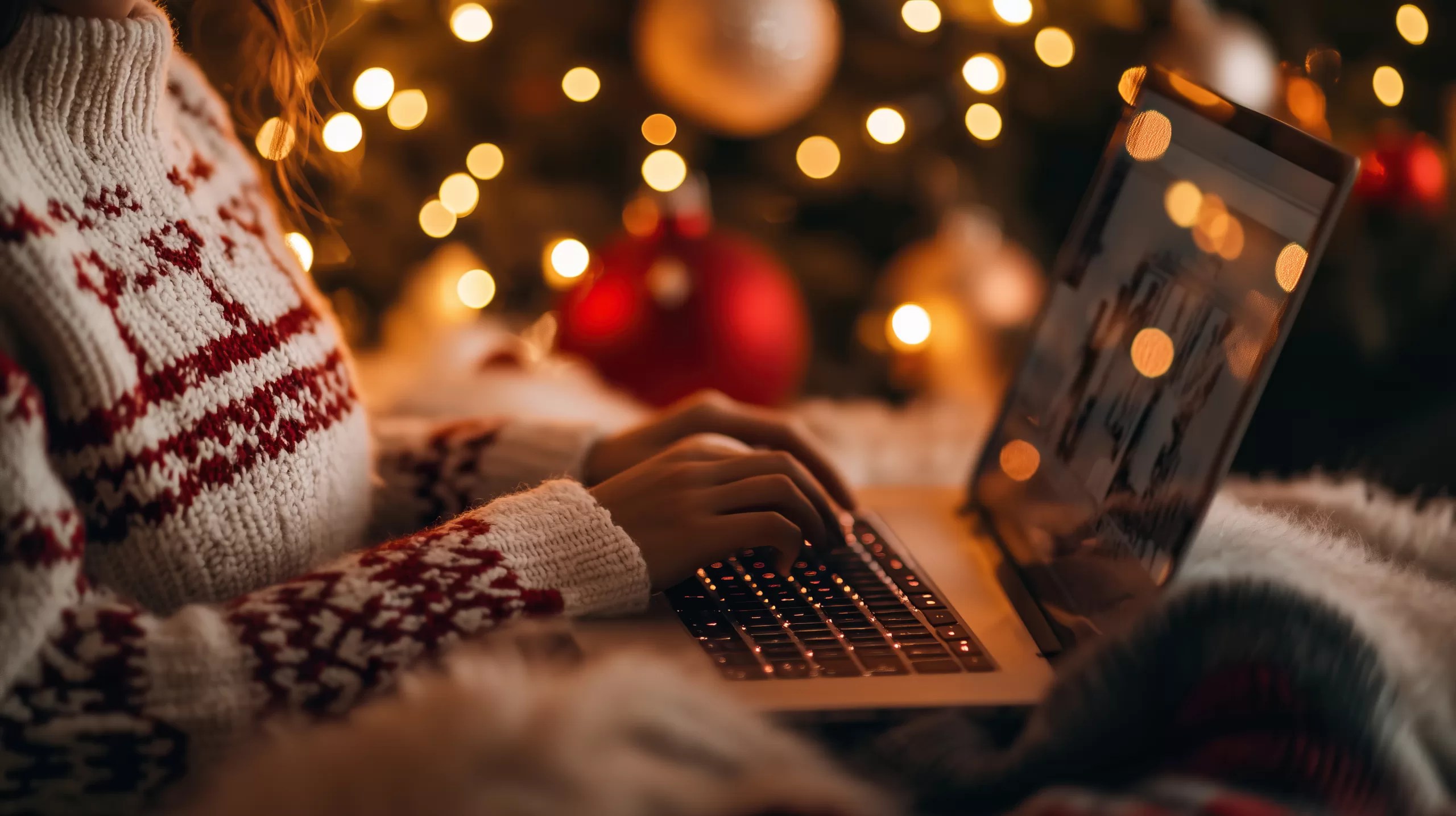 IT issues over christmas and newyears Blog. A woman in a cozy sweater works on her laptop with Christmas decorations and bokeh lights in the background.