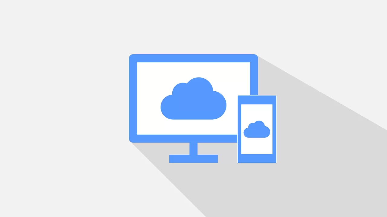 Illustration of a computer monitor and a smartphone displaying cloud icons.