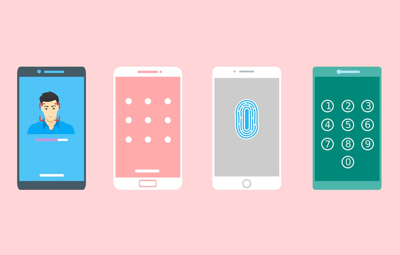 Illustration of four smartphones showing different screen lock methods.