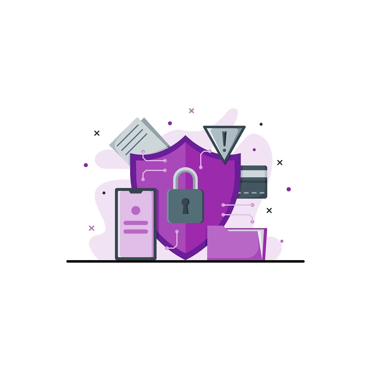 Purple shield with a lock in the centre surrounded by various cybersecurity icons.