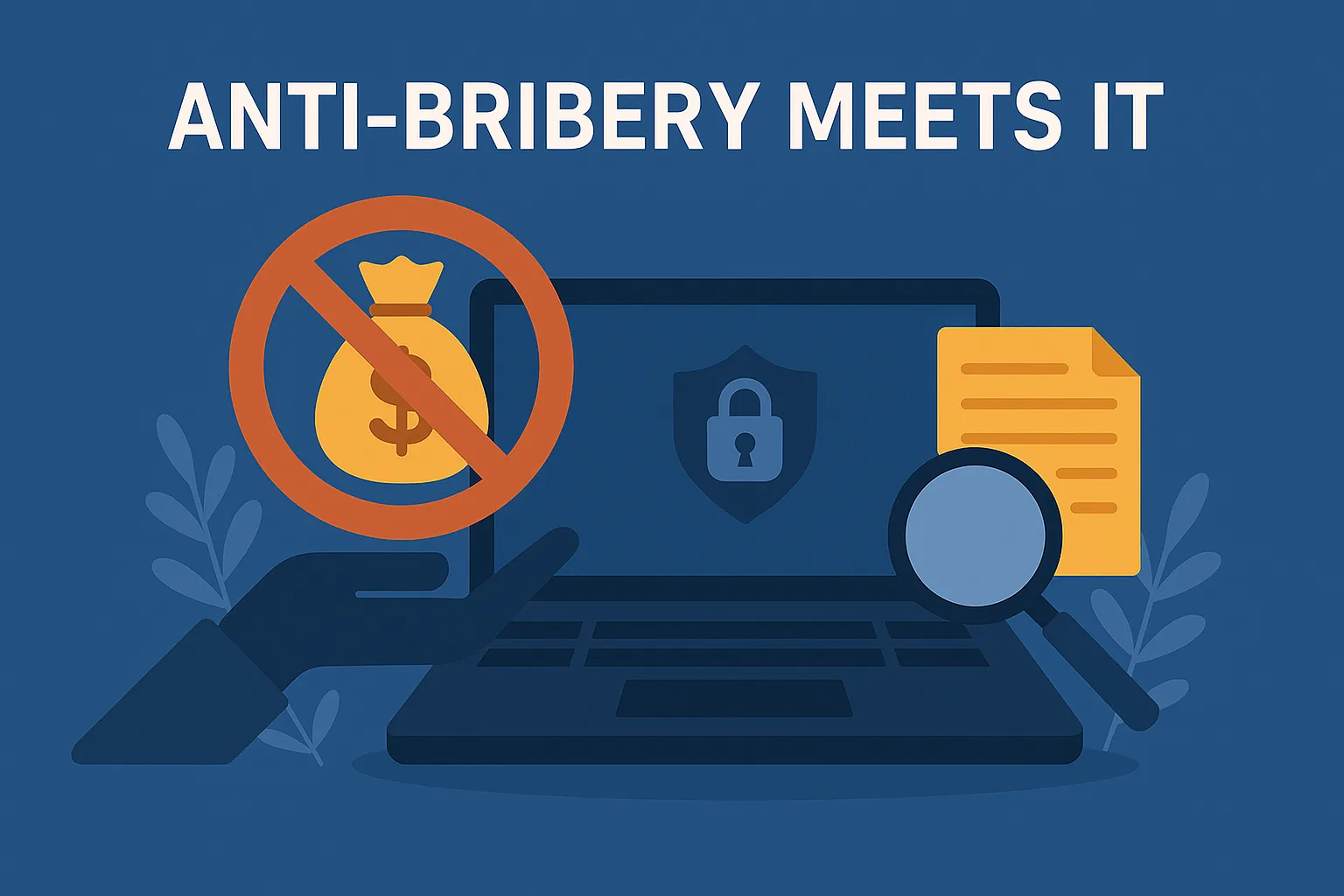 Illustration showing a laptop with a locked shield icon, a hand rejecting a money bag, a document, and a magnifying glass, under the title “Anti-Bribery Meets IT.”