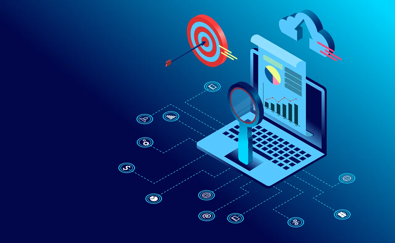 Illustration of a laptop with analytics graphs, magnifying glass, cloud upload, and target icons representing data insights and digital strategy.