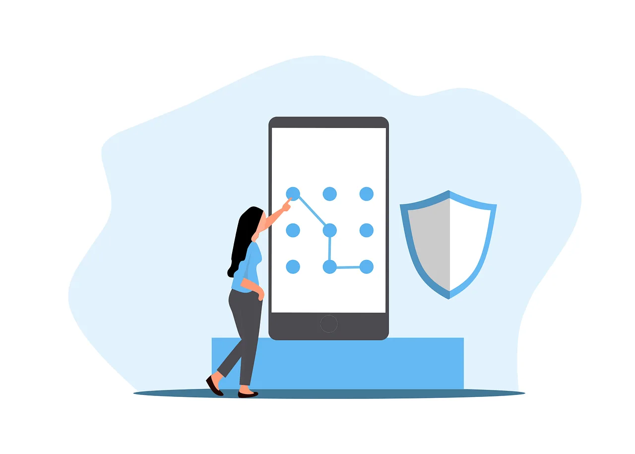 Illustration of a woman securing a smartphone with a pattern lock, alongside a shield icon symbolising protection.