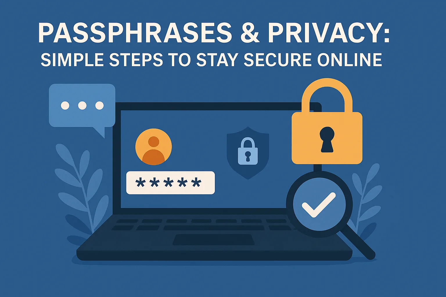 Illustration of a laptop with password entry, padlock, shield, and checkmark under the title “Passphrases & Privacy: Simple Steps to Stay Secure Online.”
