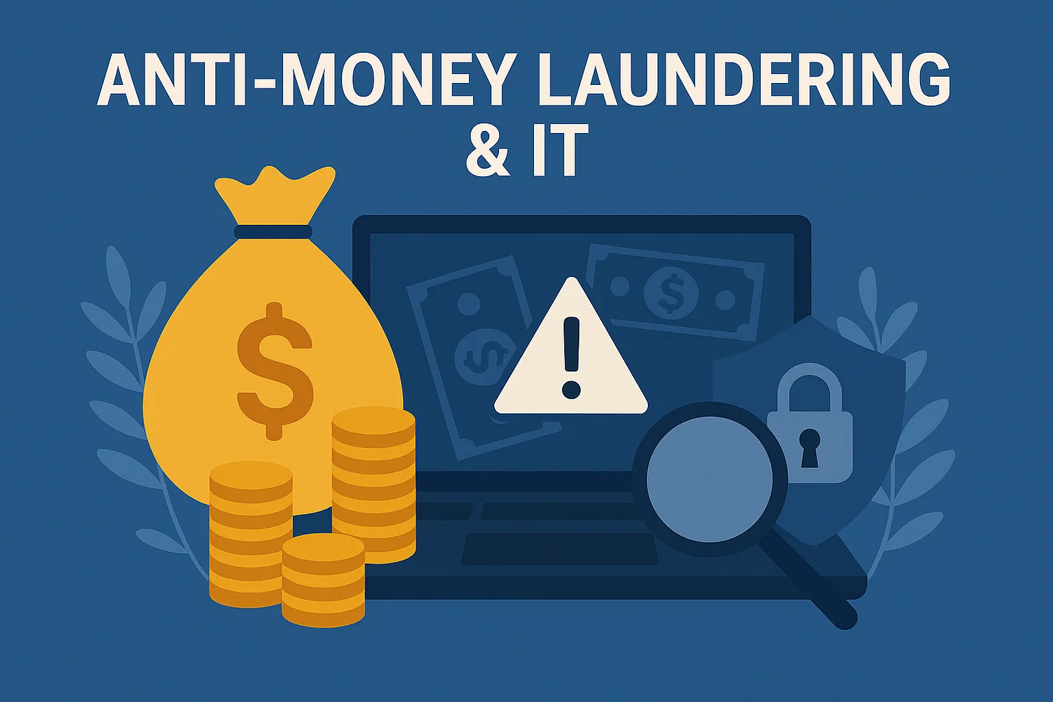Illustration showing a money bag, coins, a warning symbol on a laptop, and a padlock shield under the heading “Anti-Money Laundering & IT.”