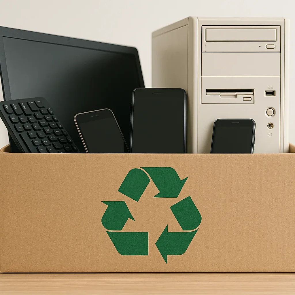 Cardboard recycling box filled with old electronics including a monitor, keyboard, smartphones, and a desktop computer tower.