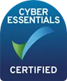 Cyber Essentials Certified badge featuring a blue and green checkmark on a dark blue background with white text.
