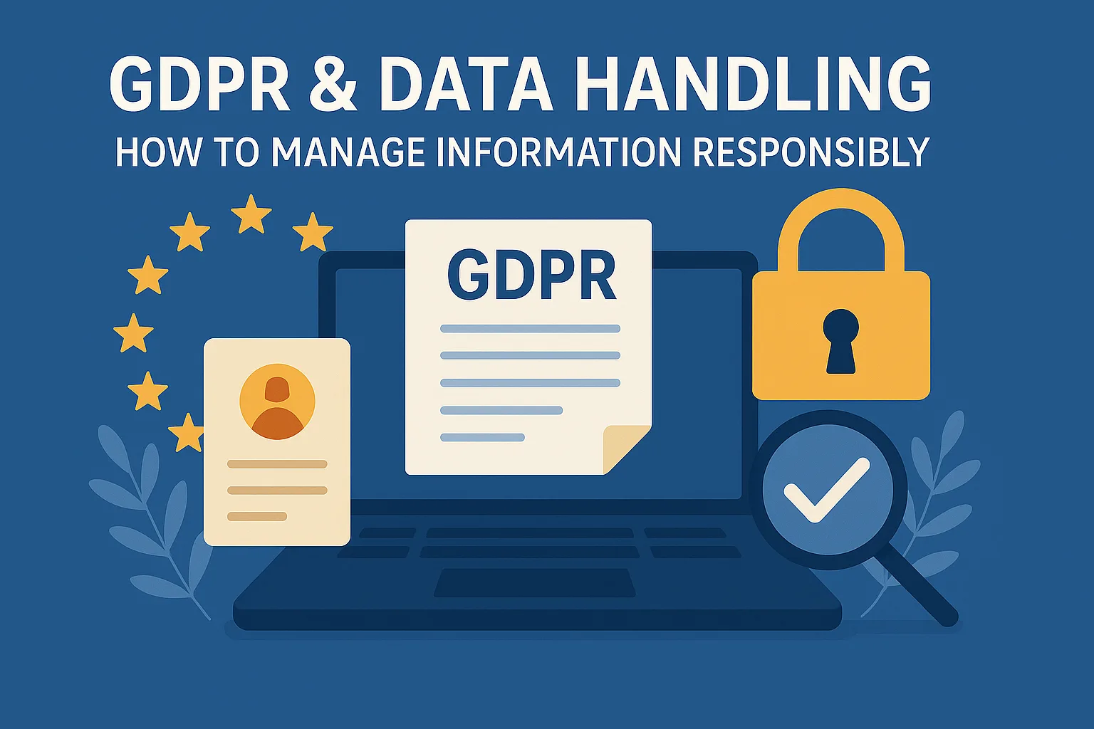 Illustration of GDPR document, padlock, magnifying glass with checkmark, and EU stars representing responsible data handling.