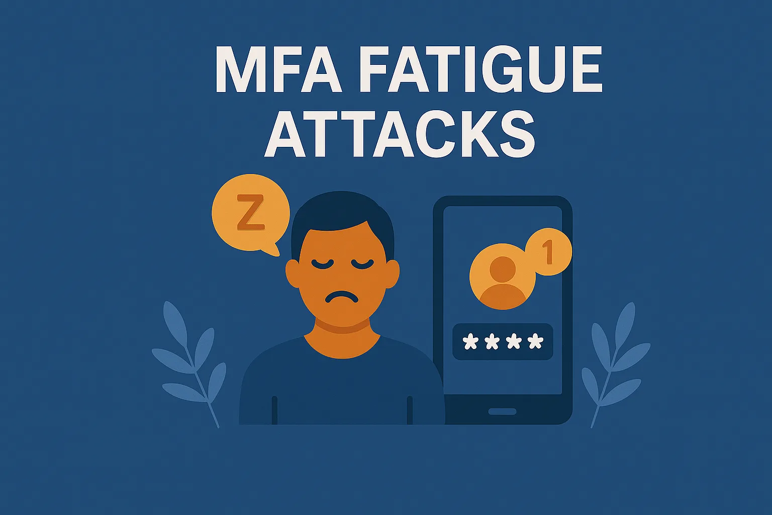 Illustration of a tired user and a mobile login prompt, under the title “MFA Fatigue Attacks.”