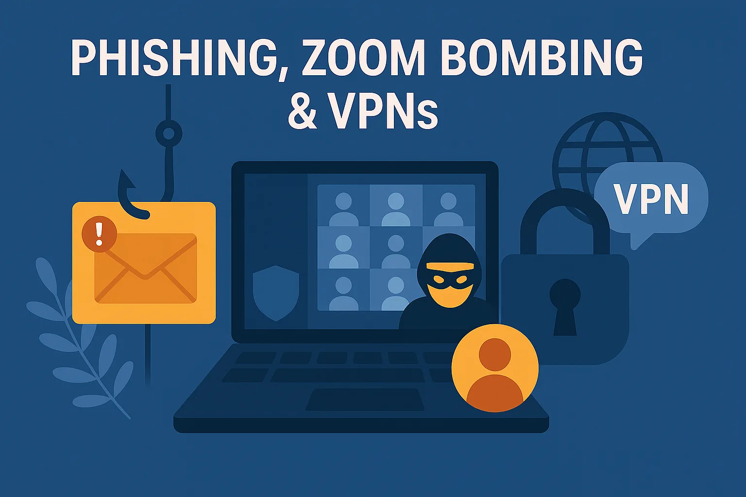 Illustration of a phishing hook, video call with hacker icon, and a VPN lock symbol under the title “Phishing, Zoom Bombing & VPNs.”
