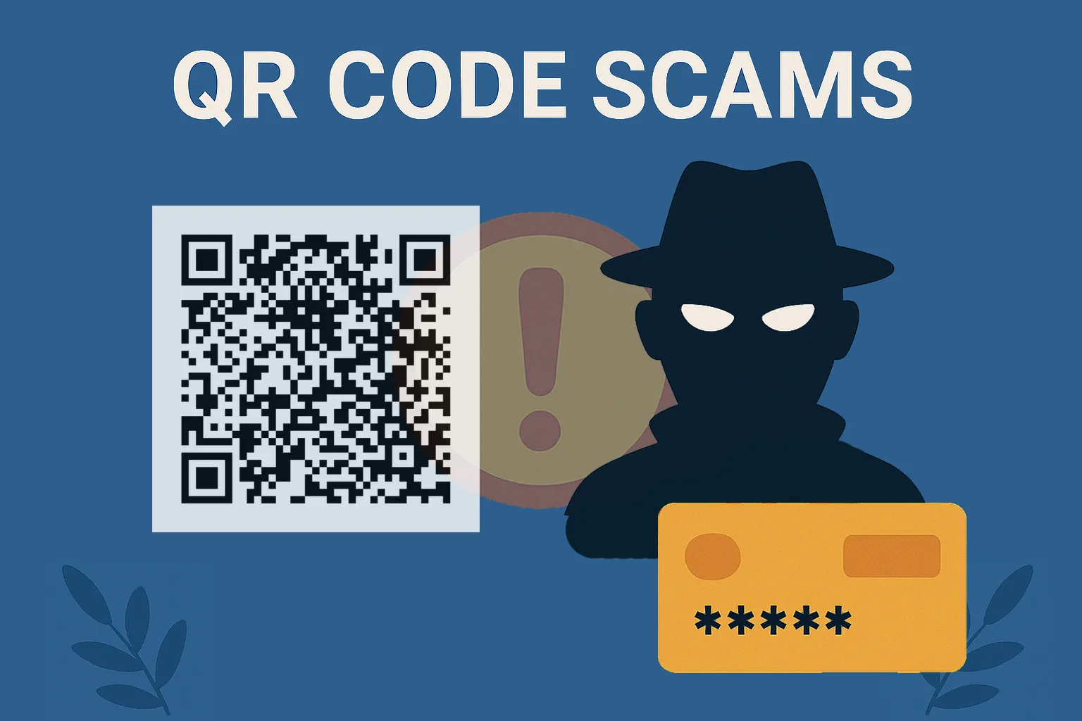 Illustration showing a QR code, masked figure, alert icon, and credit card under the title “QR Code Scams.”