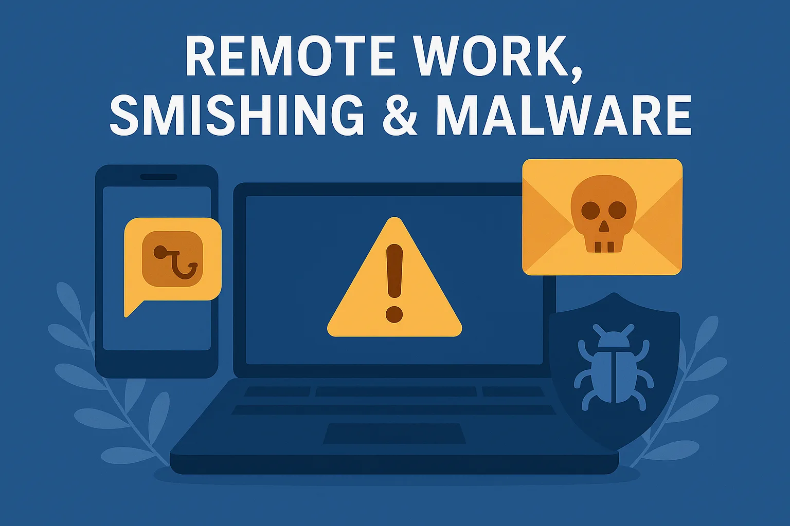 Illustration of a mobile phone with a phishing icon, laptop with a warning sign, and an email envelope with a skull icon under the title “Remote Work, Smishing & Malware.”