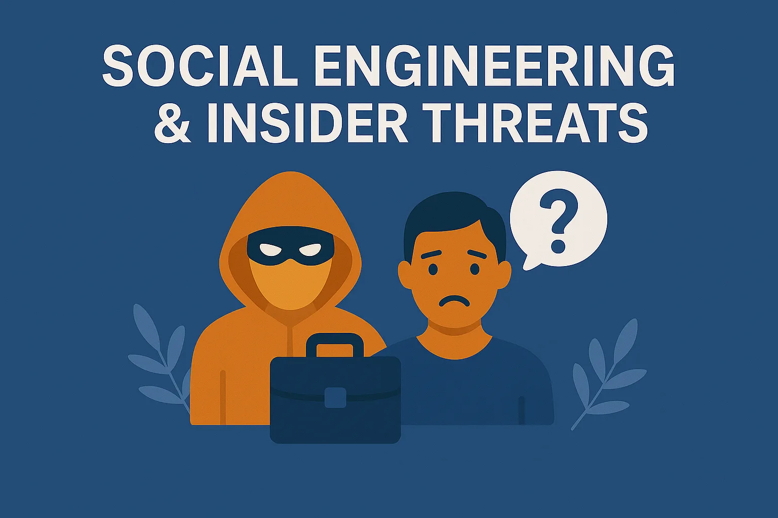 Illustration of a masked figure in a hoodie next to a confused person, under the title “Social Engineering & Insider Threats.”
