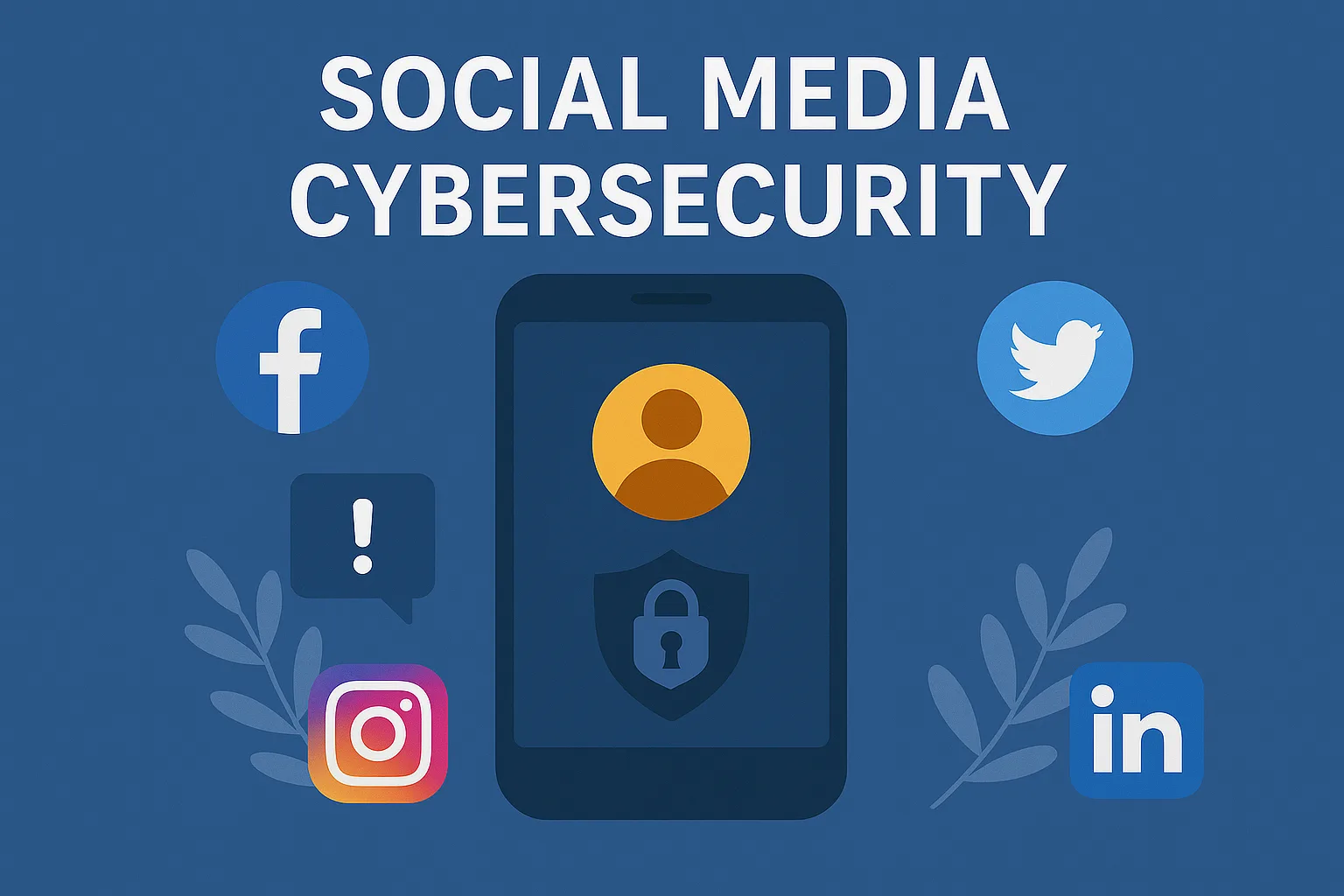 Illustration of a smartphone with user and padlock icons, surrounded by Facebook, Instagram, Twitter, and LinkedIn logos under the title “Social Media Cybersecurity.”