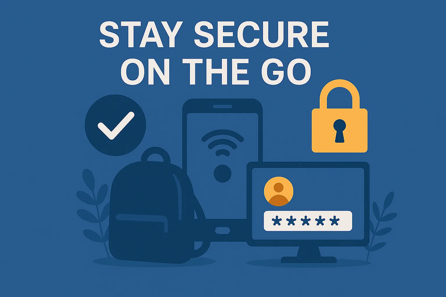 Illustration showing a mobile phone with Wi-Fi, a backpack, password login screen, and a padlock under the title “Stay Secure on the Go.”