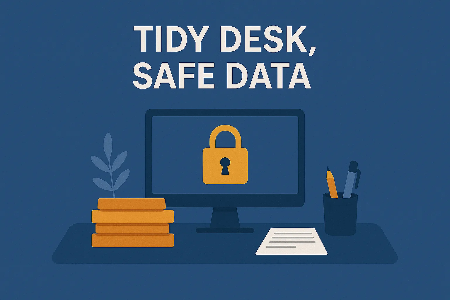 Illustration of a tidy desk with a locked screen, stack of books, stationery, and the phrase “Tidy Desk, Safe Data.”