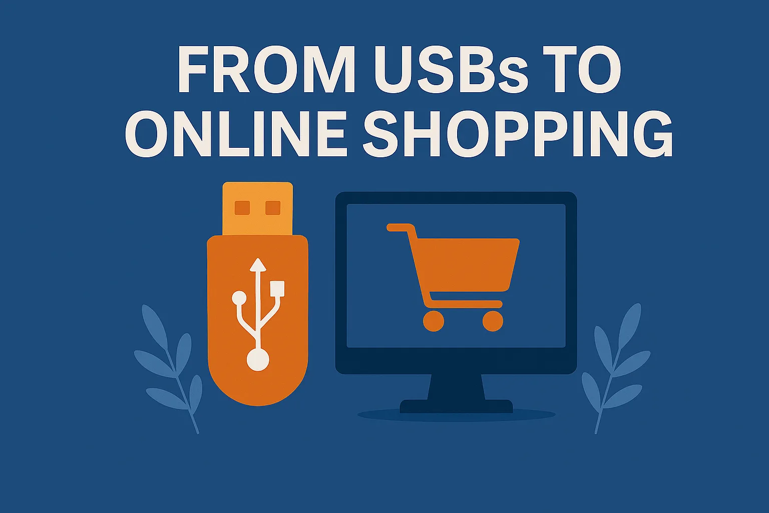 Illustration of a USB stick and a desktop monitor with a shopping cart icon, under the title “From USBs to Online Shopping.”