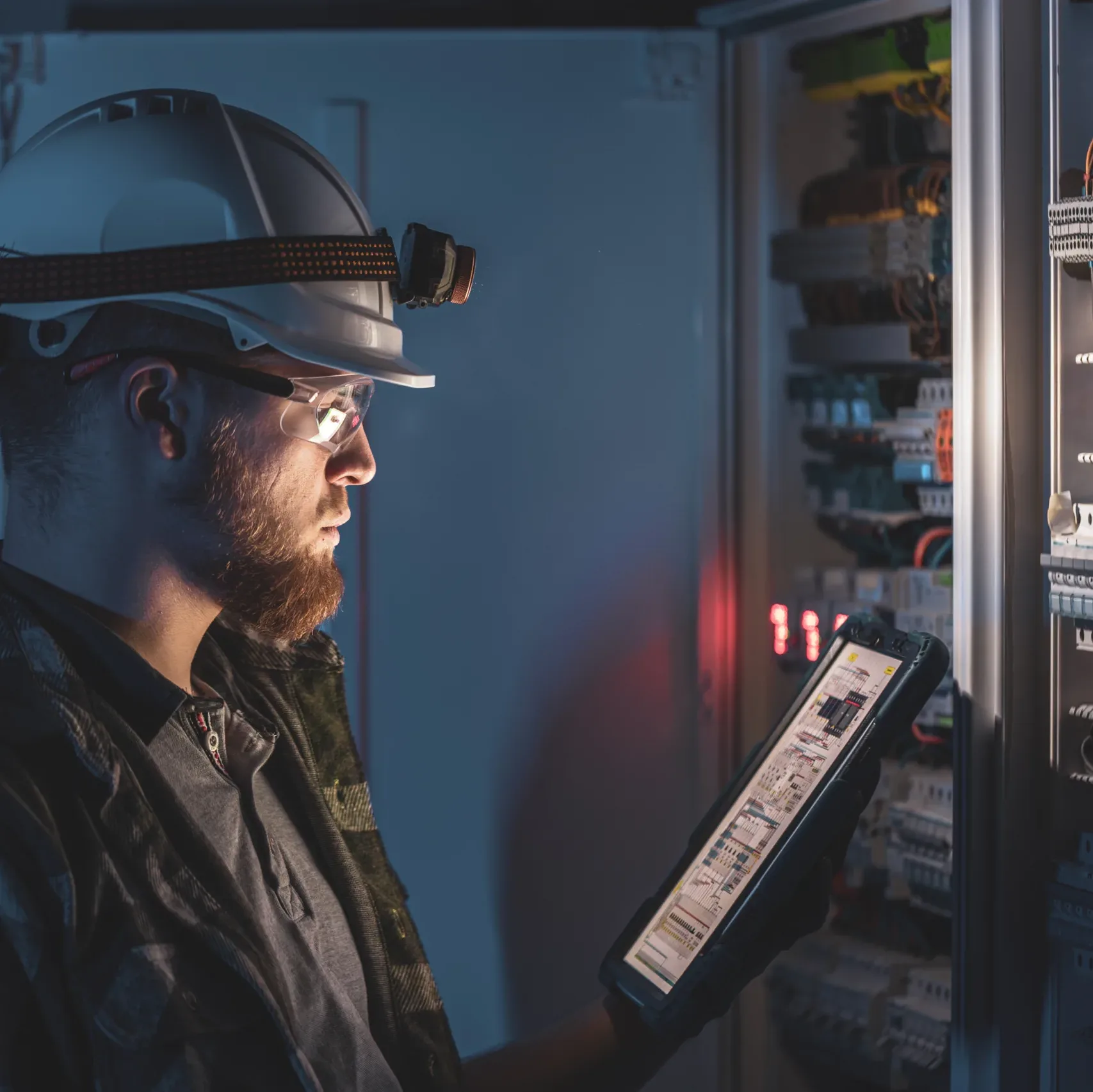 Engineer in PPE inspecting a control cabinet and logging data on a tablet.