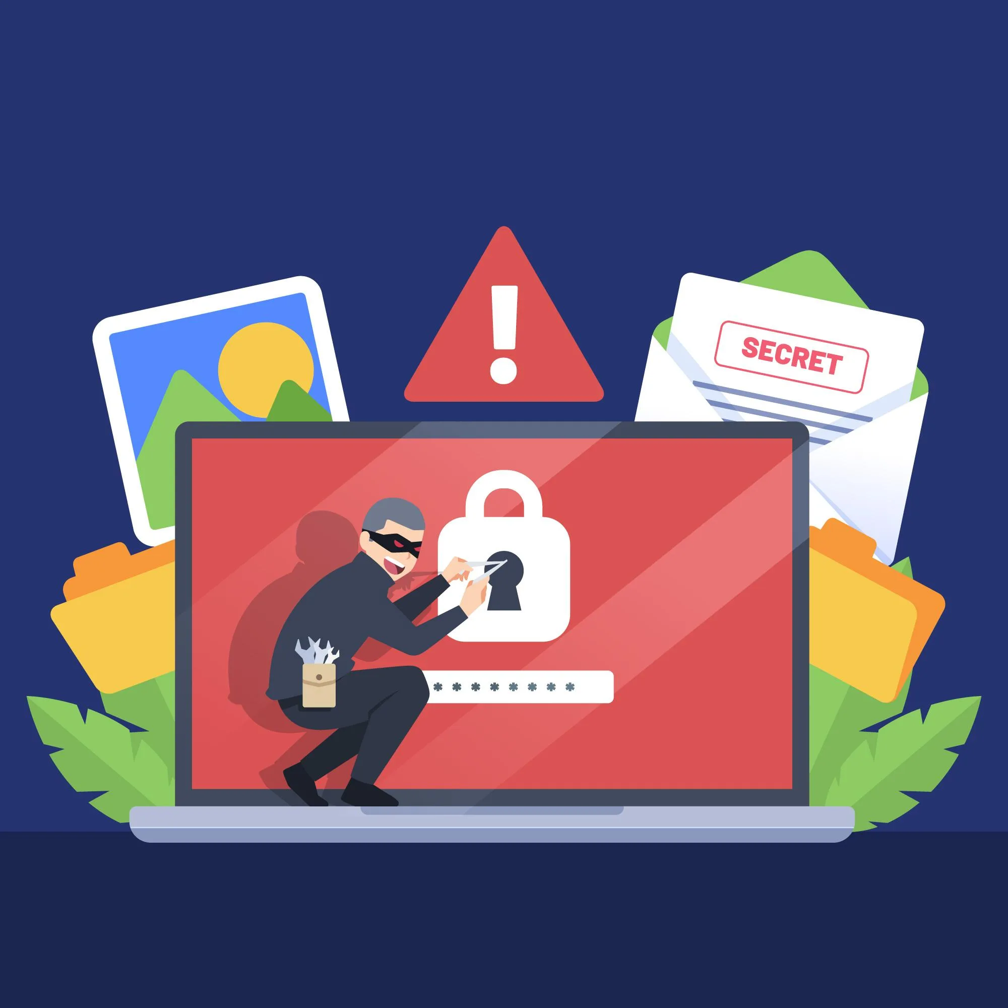Illustration of a hacker stealing login details from a laptop, representing account hacking and cybersecurity risks.