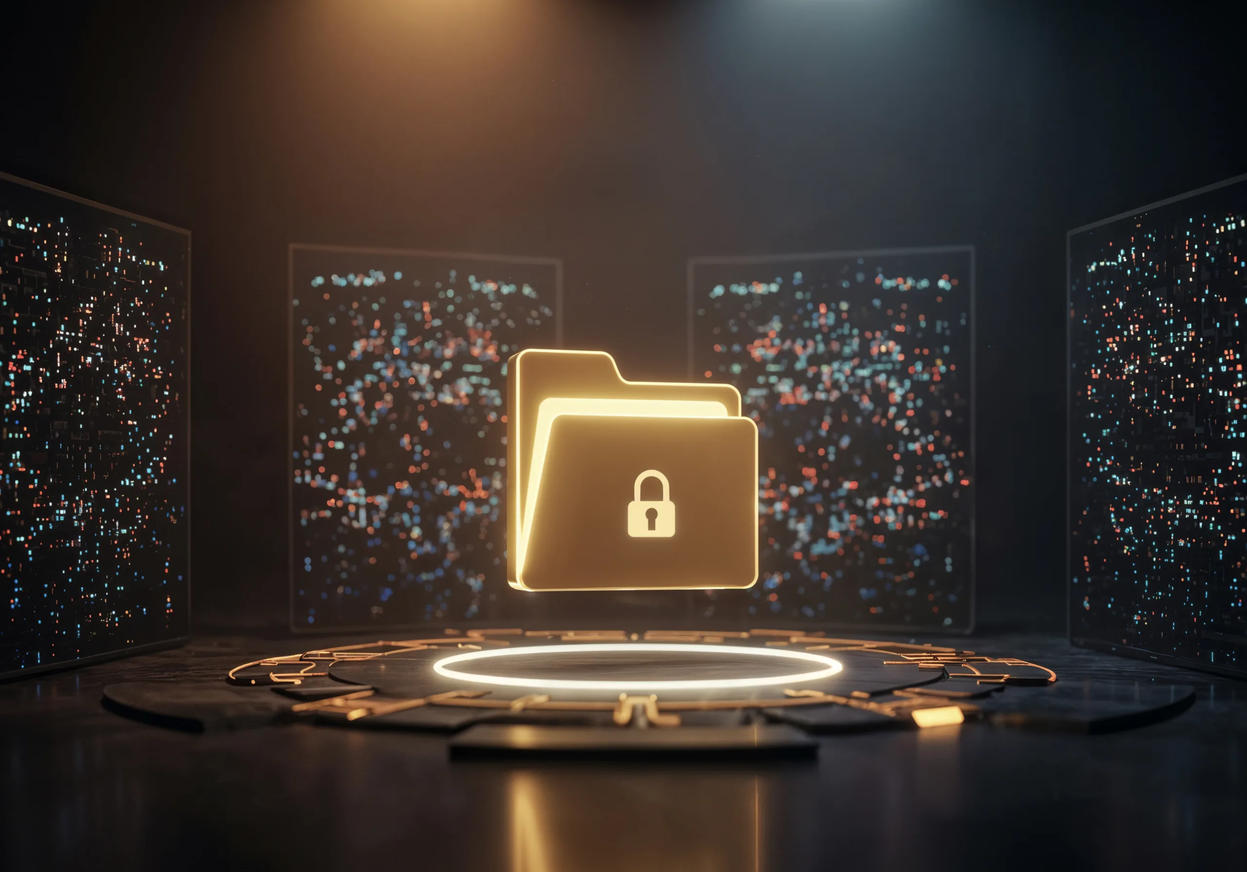 Glowing digital folder with a padlock symbol, representing secure storage and compliance with data regulations.