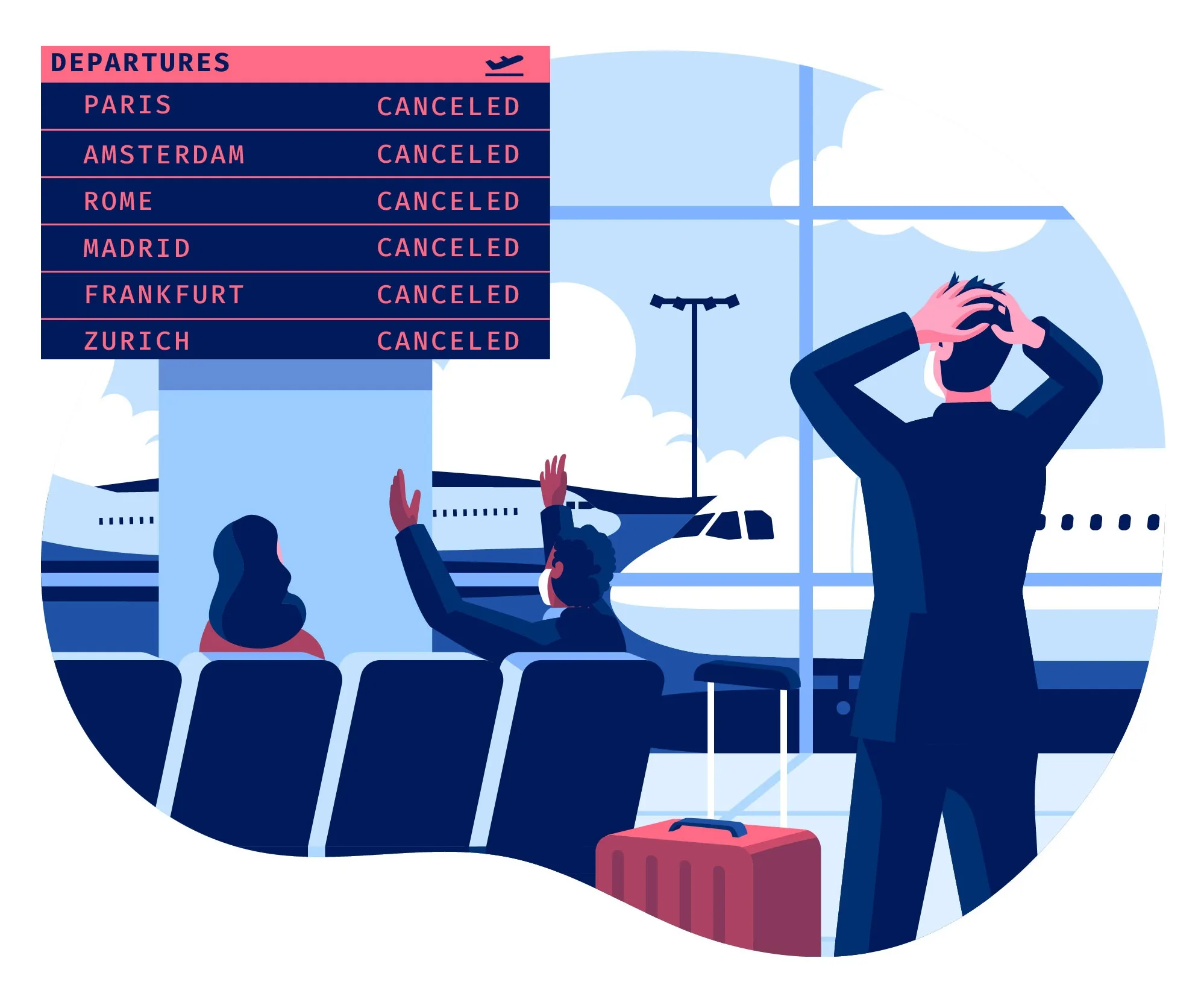Illustration of passengers reacting to flight cancellations at an airport departure board