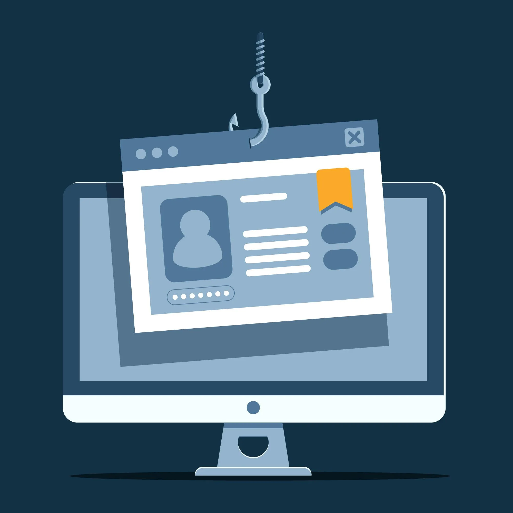 Illustration of a phishing hook pulling login credentials from a computer screen, representing credential theft and business login protection.