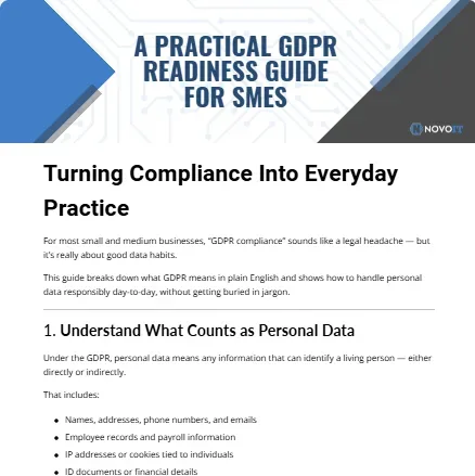 Thumbnail image for Novo IT’s GDPR Readiness Guide for SMEs, showing practical steps for everyday data compliance.