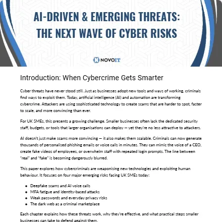 Thumbnail image for Novo IT’s white paper on AI-driven and emerging cyber threats facing UK SMEs.