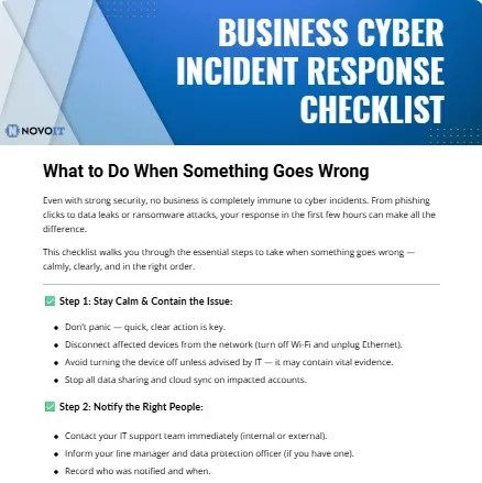Thumbnail image for Novo IT’s Business Cyber Incident Response Checklist showing key steps for handling a cyberattack.