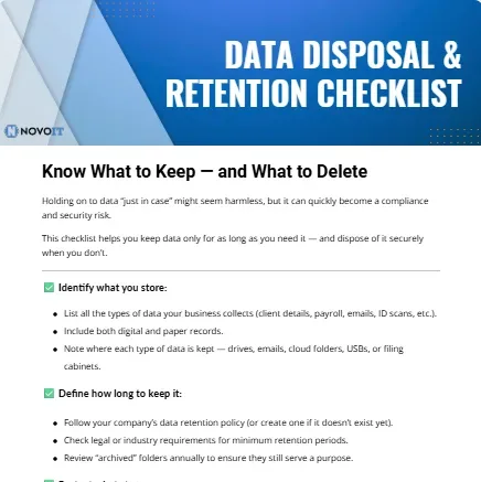 Thumbnail image for Novo IT’s Data Disposal and Retention Checklist explaining what data to keep and what to delete.