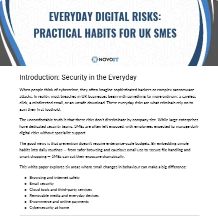 Thumbnail image for Novo IT’s Everyday Digital Risks white paper explaining common cyber risks for SMEs.