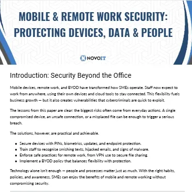 Thumbnail image for Novo IT’s Mobile and Remote Work Security white paper showing how SMEs can secure flexible working.