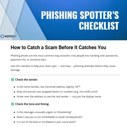 Thumbnail image for Novo IT’s Phishing Spotter’s Checklist teaching staff how to recognise scam emails.