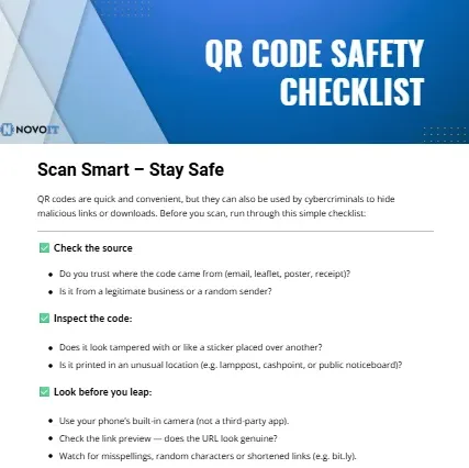 Thumbnail image for Novo IT’s QR Code Safety Checklist showing how to safely scan and verify QR codes.