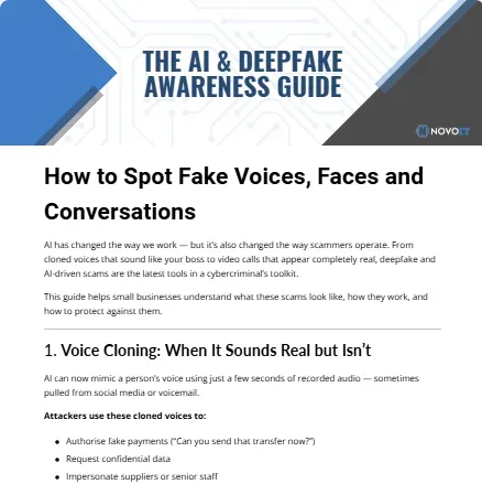 Thumbnail image for Novo IT’s AI and Deepfake Awareness Guide, highlighting fake voices and video scam prevention.