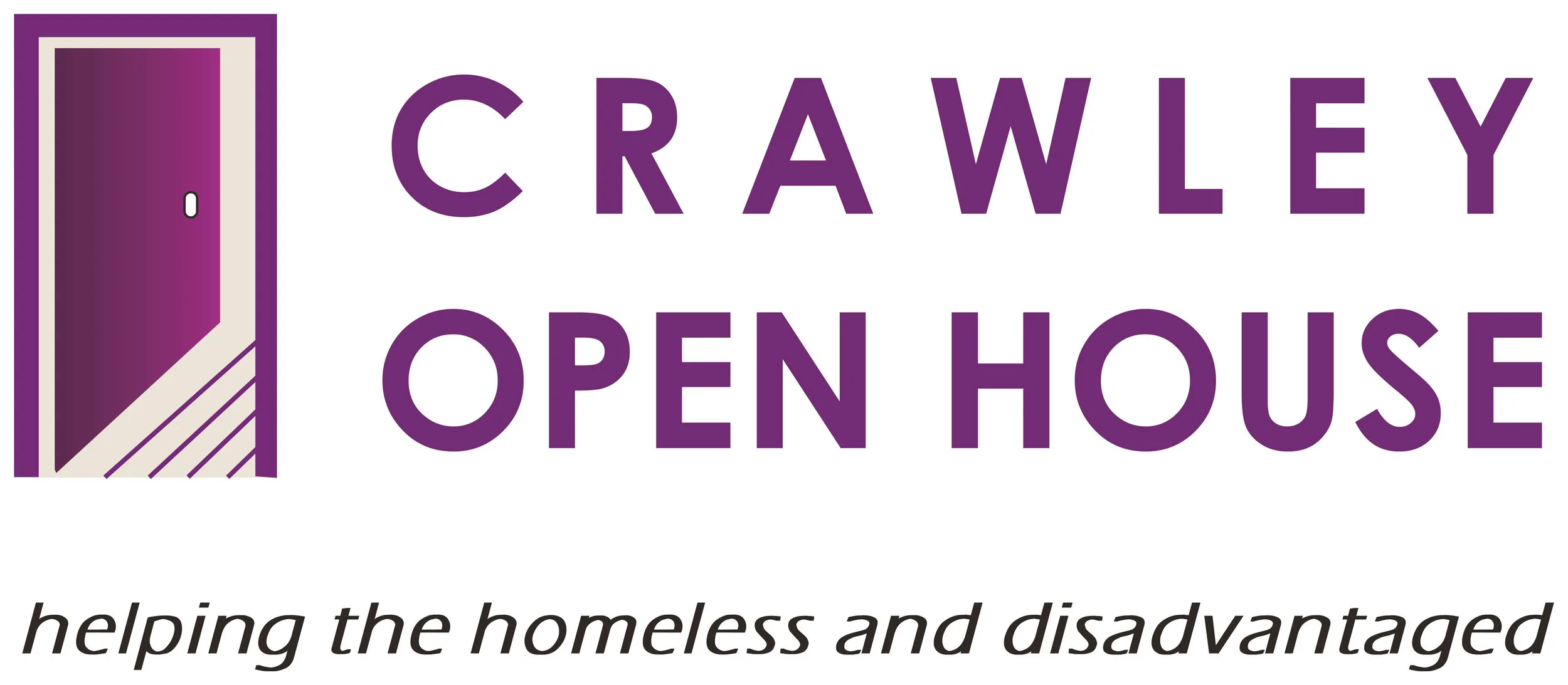 Crawley Open House logo with the tagline "helping the homeless and disadvantaged".