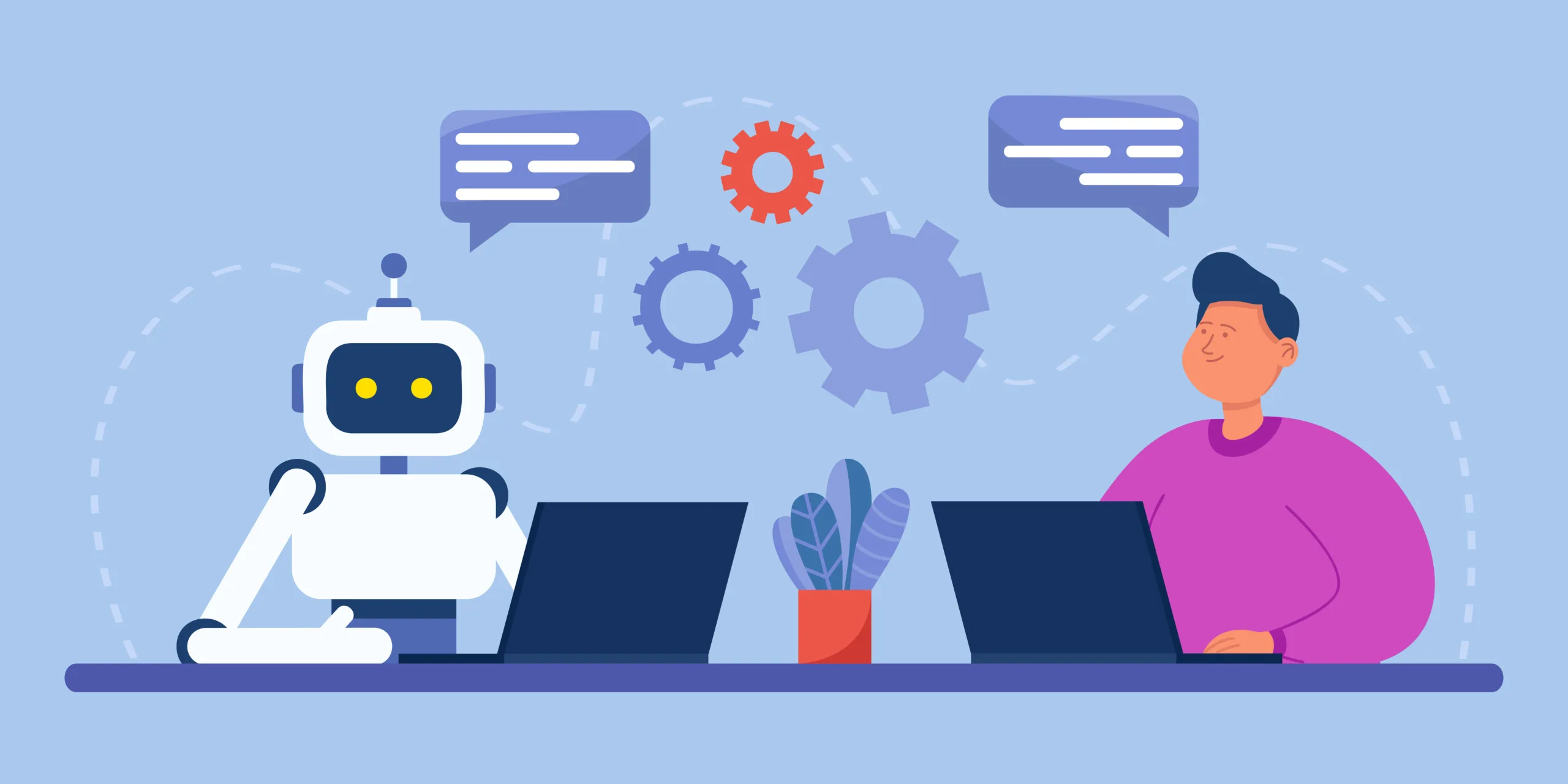Illustration of a person and a robot working at computers together, representing Power Automate and workflow automation.