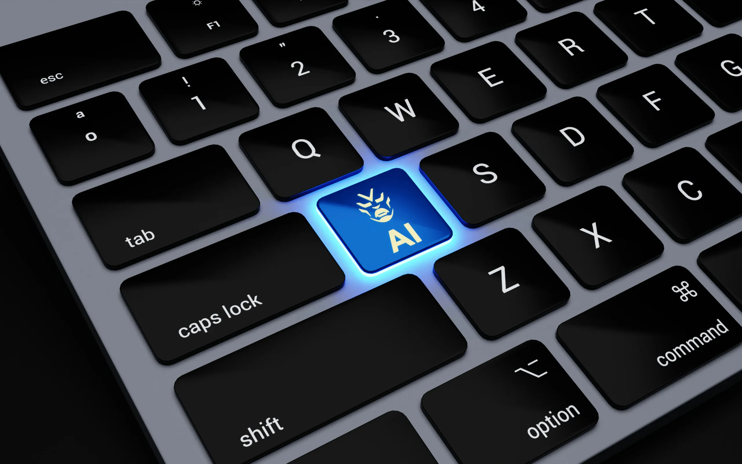 Close-up of a keyboard with a glowing AI key, representing AI data leaks and security risks.
