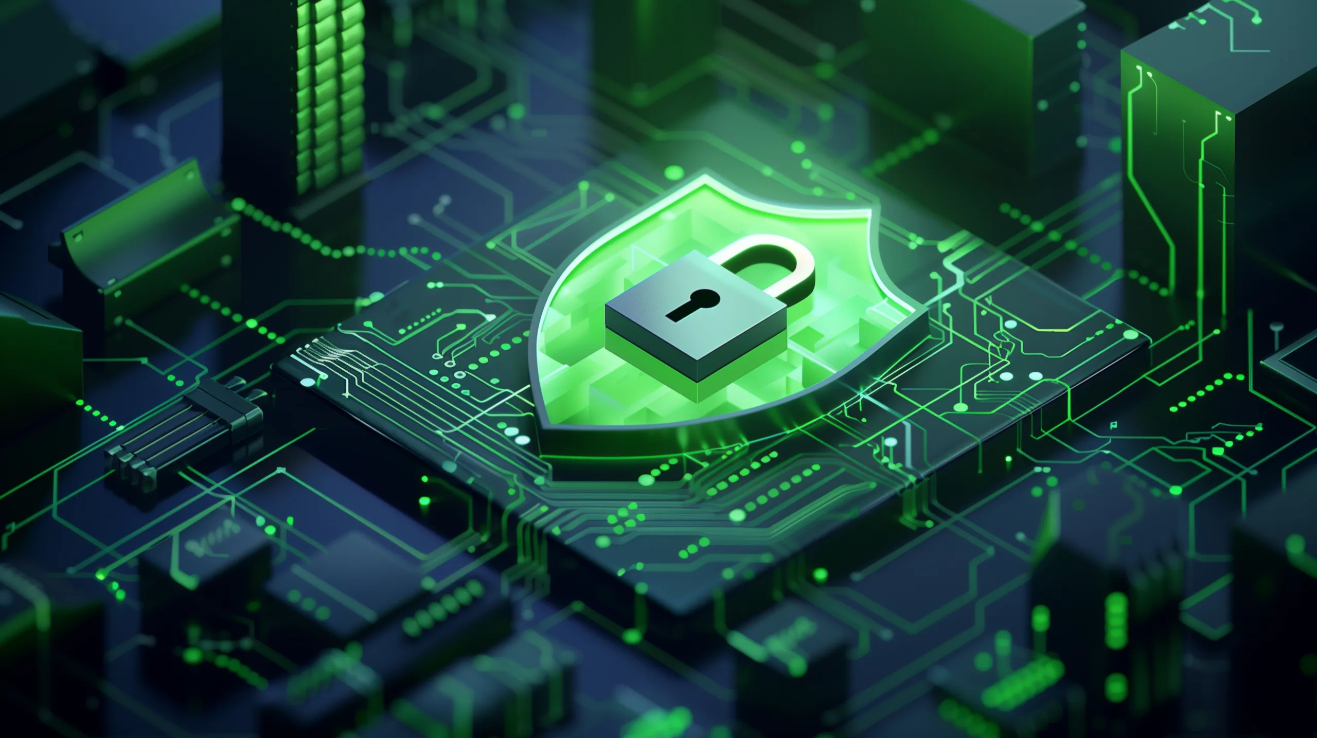 Digital shield with a lock over a circuit board, representing Zero Trust security and modern cyber protection.