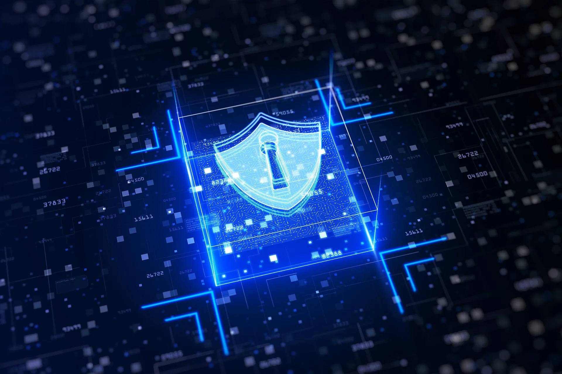 Digital shield icon protecting data within a network grid, representing layered cybersecurity protection for businesses.