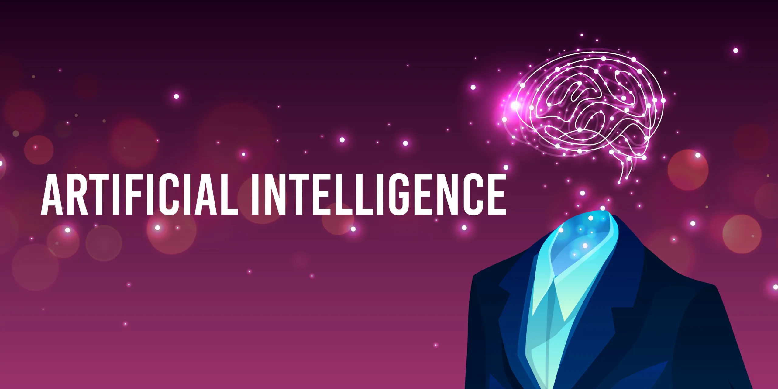 A stylised artificial intelligence graphic with the words “Artificial Intelligence” and a glowing brain above a business suit, representing AI use in business.
