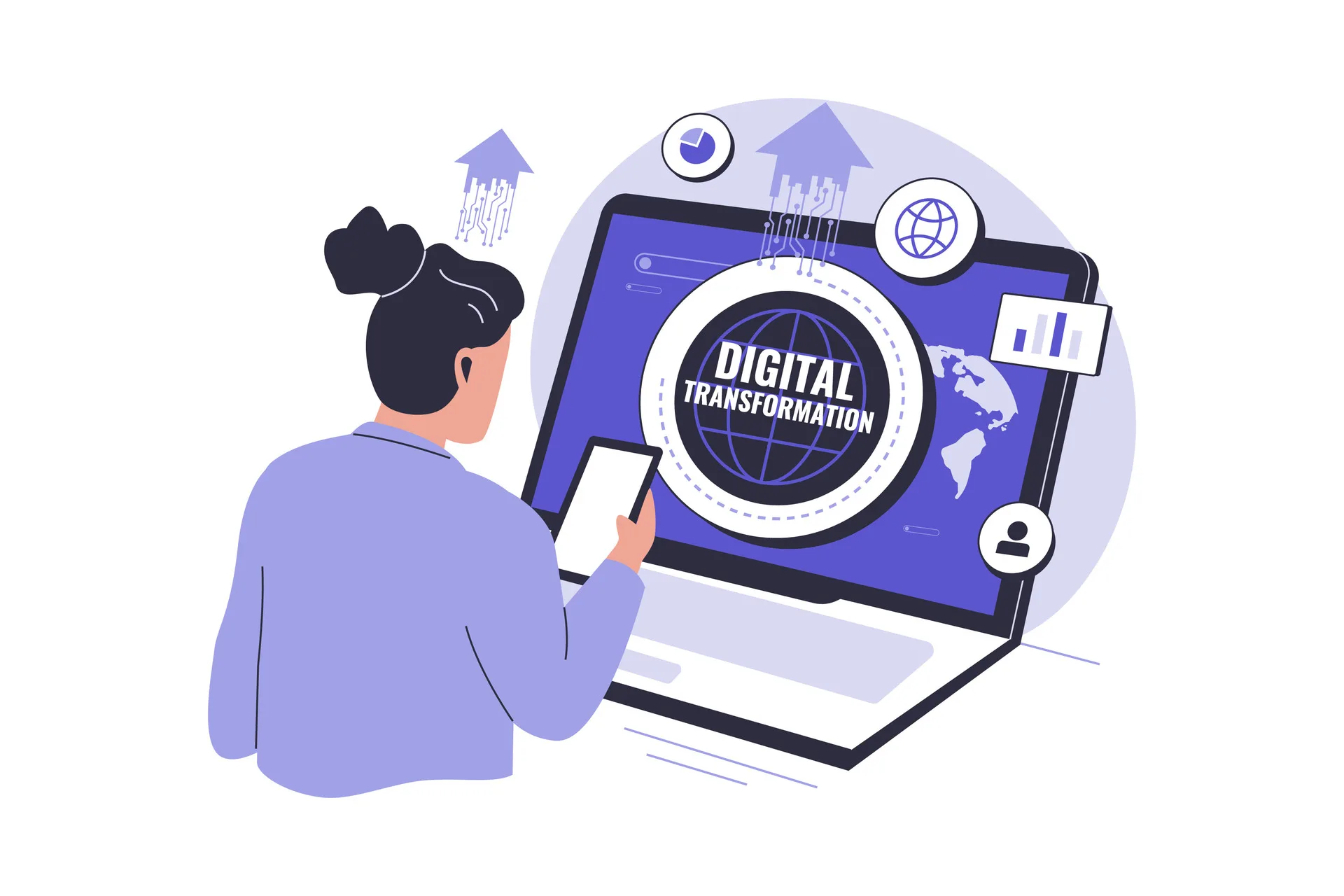Illustration of a business user viewing a digital transformation screen on a laptop, representing the process of changing IT providers.