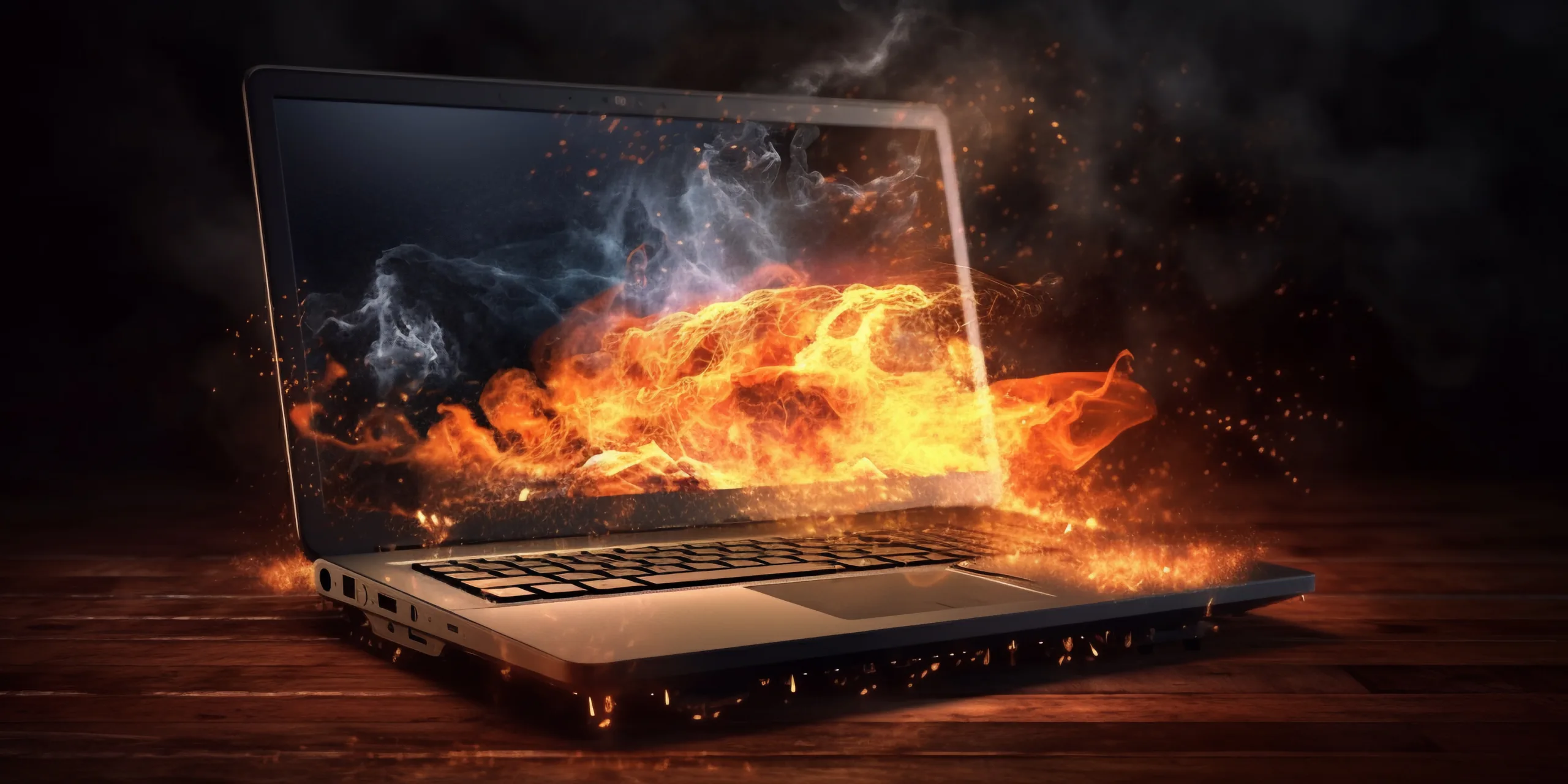A laptop surrounded by flames and smoke, representing an overheating computer under heavy workload.