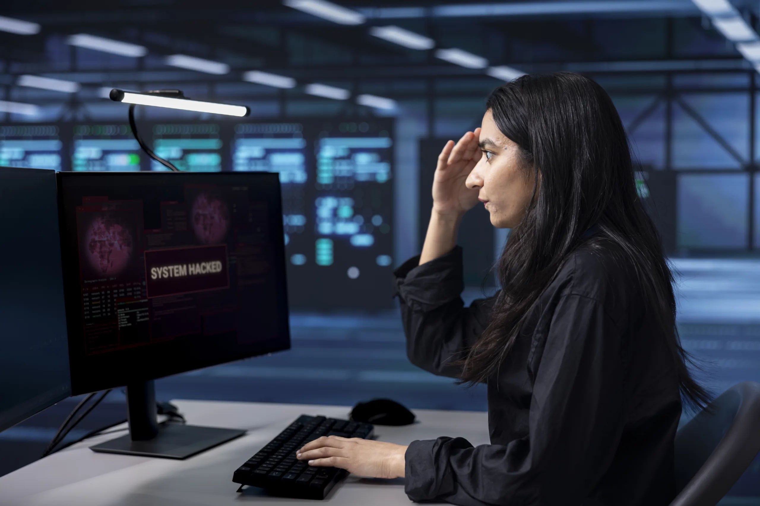 A stressed female employee sits at a desk holding her hand to her forehead in shock, looking at a computer monitor that displays a red "SYSTEM HACKED" warning message inside a dimly lit server room.