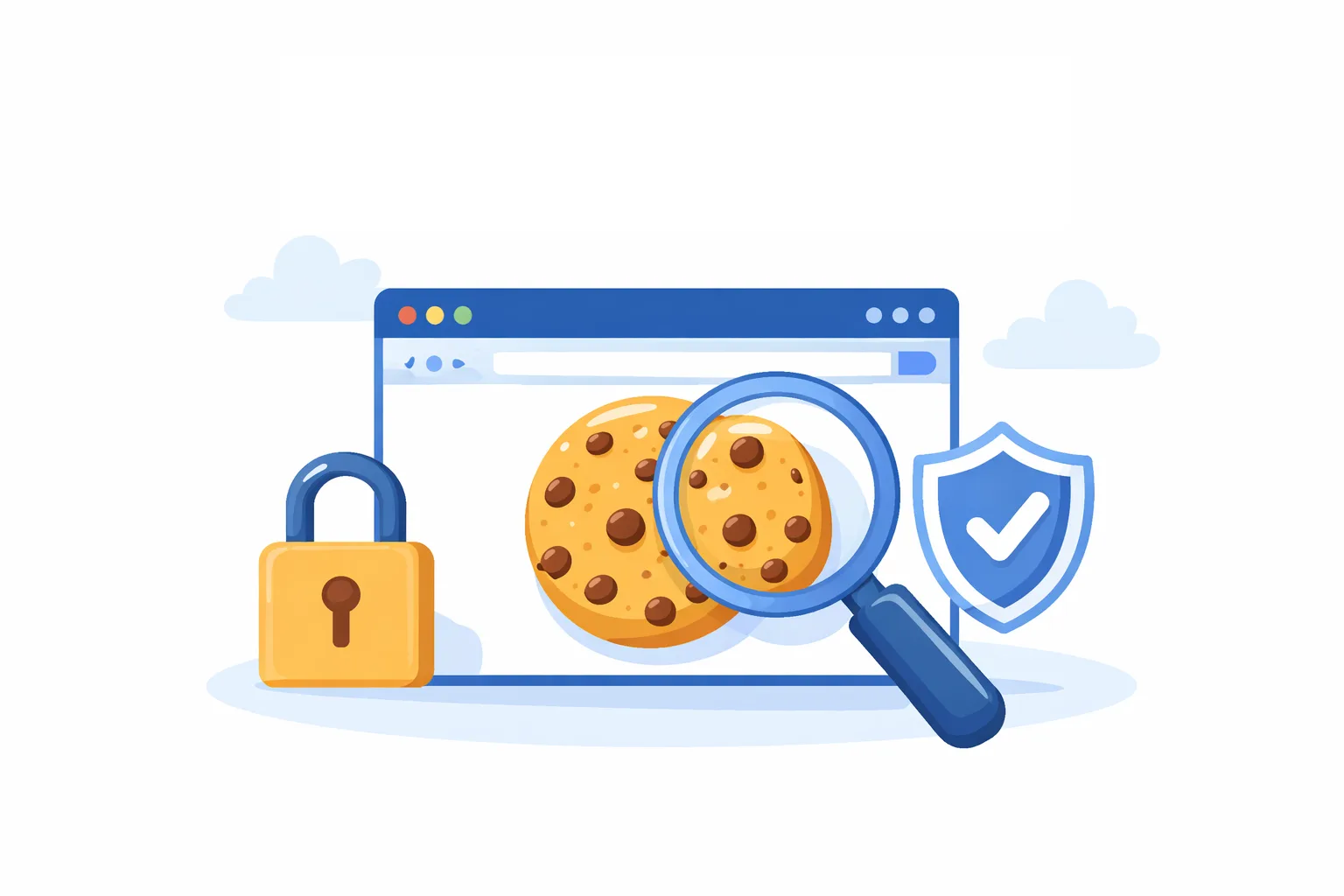Illustration of a web browser with cookies, a magnifying glass, a padlock, and a security shield, representing session cookie theft and online account security.