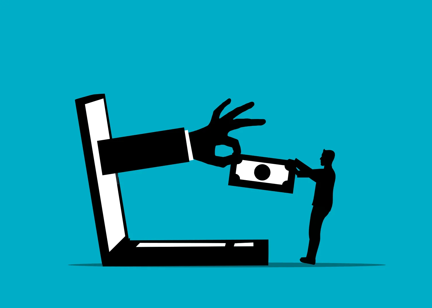 A digital illustration of a giant silhouette hand reaching out of a laptop screen to take a large banknote from a small silhouette of a person.
