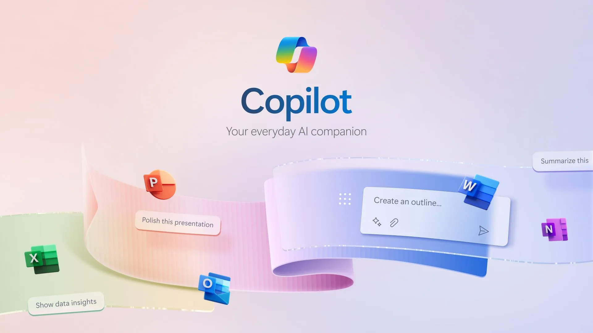 Microsoft Copilot logo with the tagline "Your everyday AI companion," surrounded by a colorful ribbon and floating Microsoft 365 app icons like Word, Excel, and PowerPoint with example AI prompts.