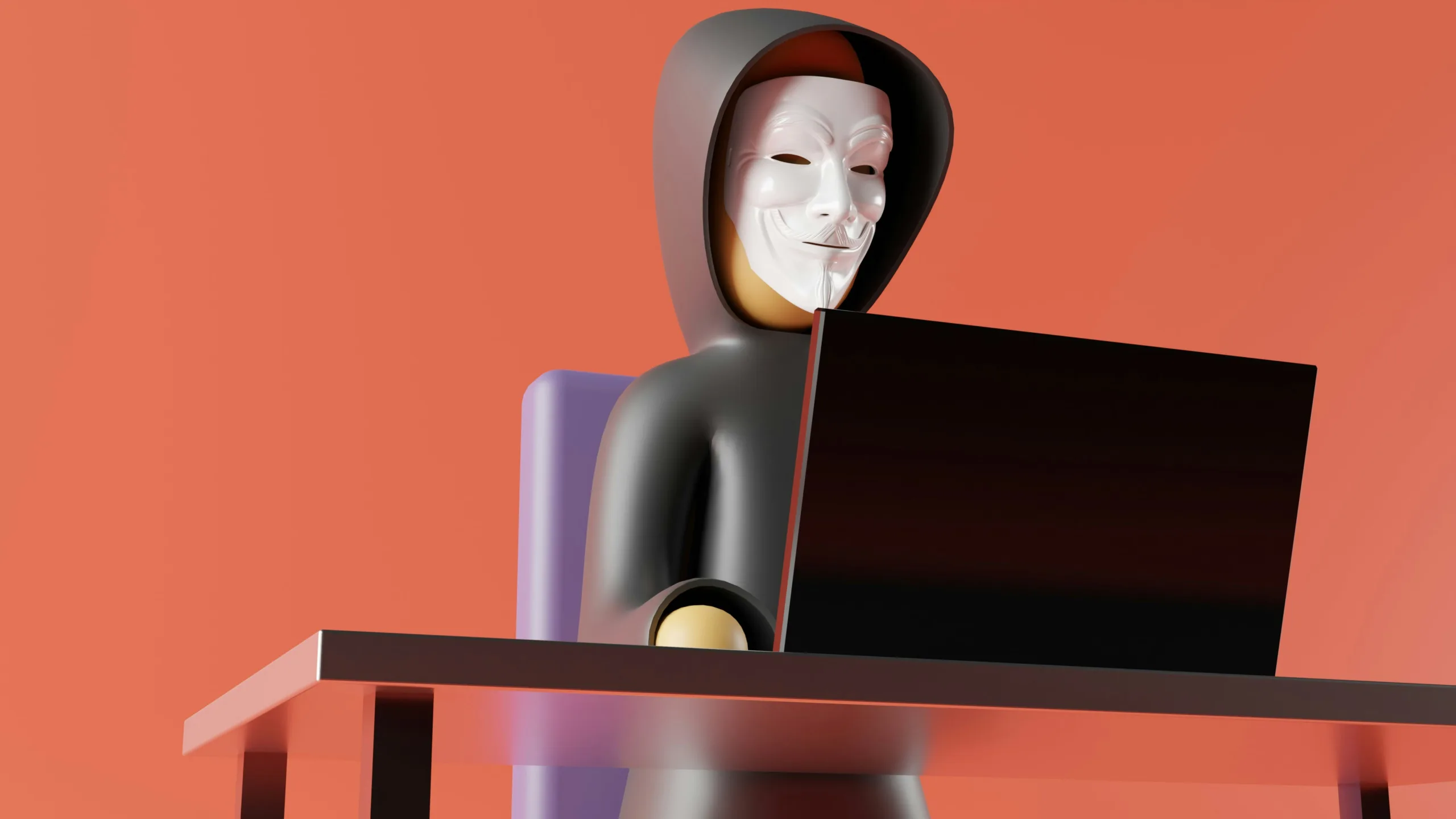 Illustration of a masked cybercriminal using a laptop, representing a cyberattack targeting a business network.
